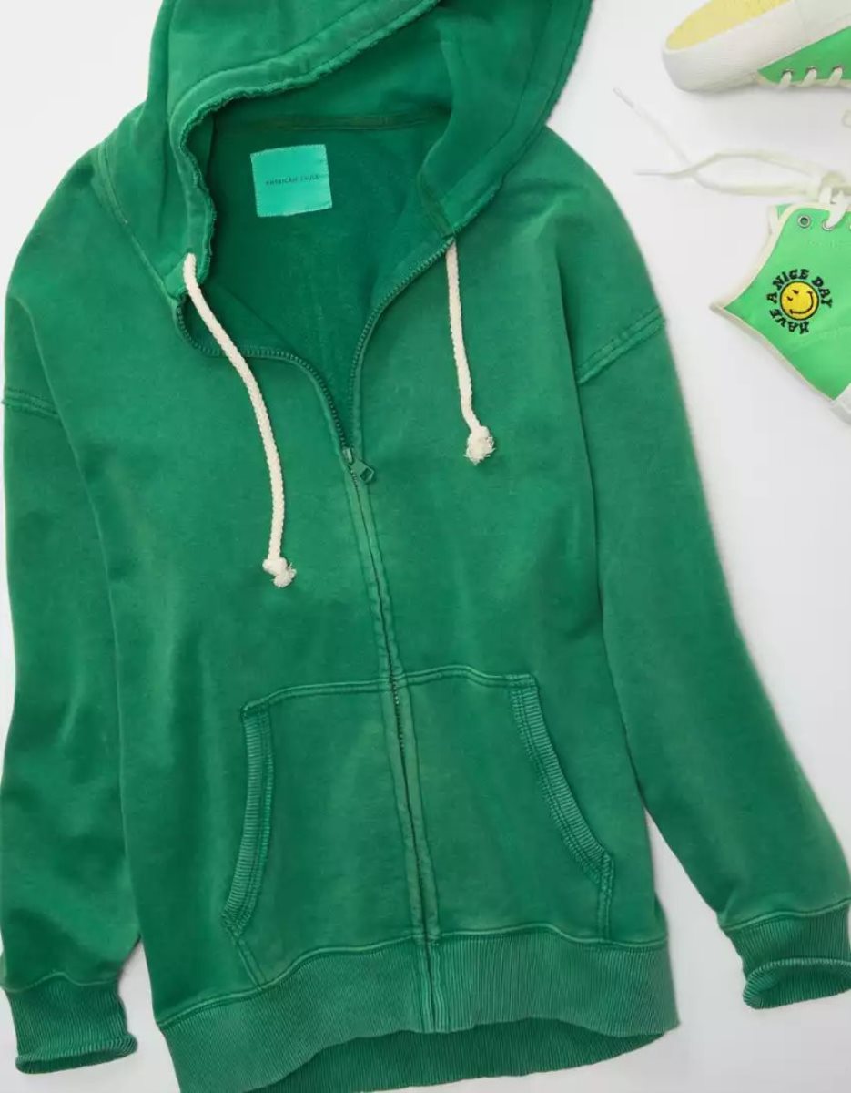 Sweat à Capuche American Eagle AE Oversized Zip-Up Vert Femme | IVQ-16598090